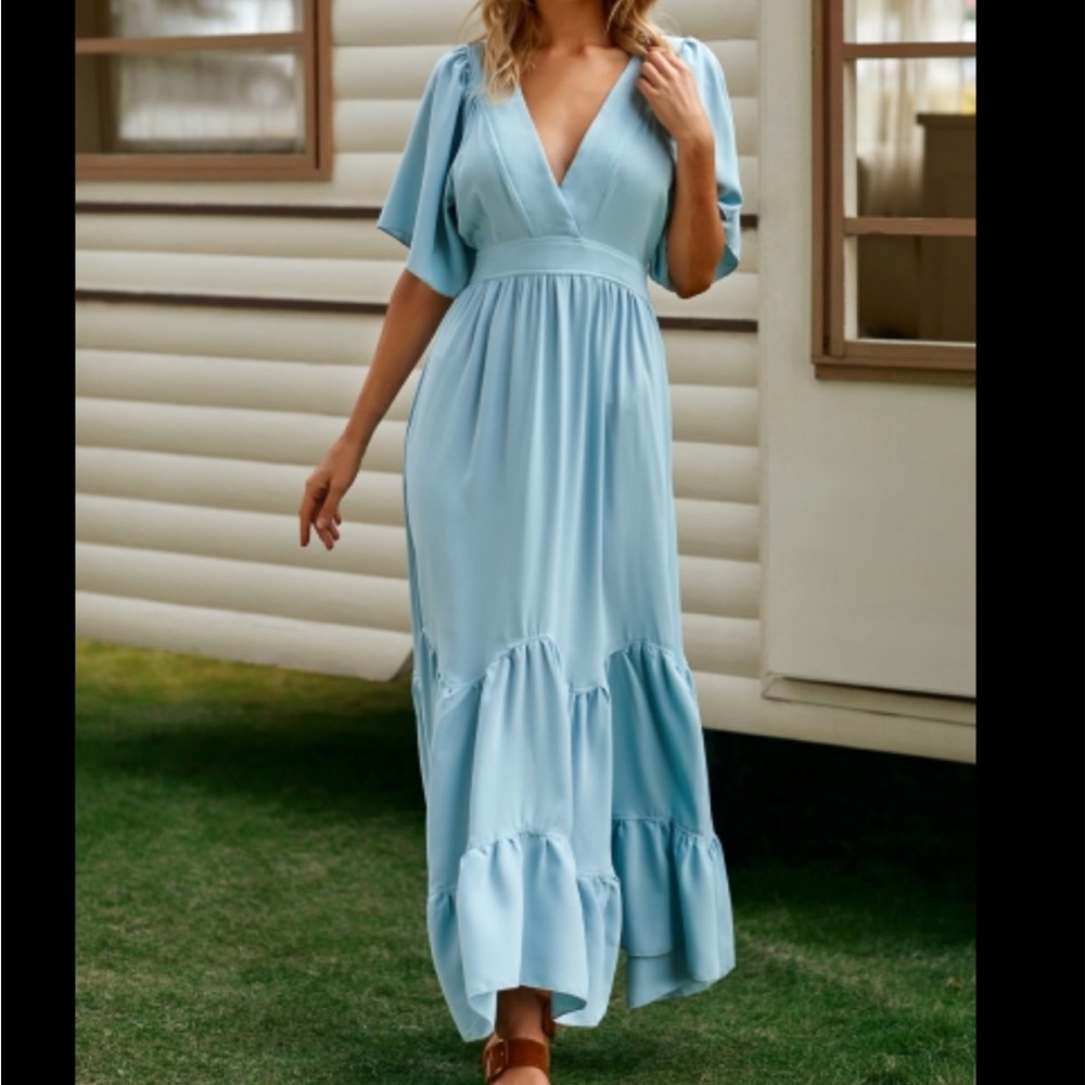 Boutique V-neck Baby Blue Ruffle Dress Size M